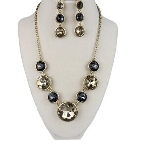 Vintage Chunky Cabochon Necklace & Earrings Set 21" Brown Black Toned Glass EUC